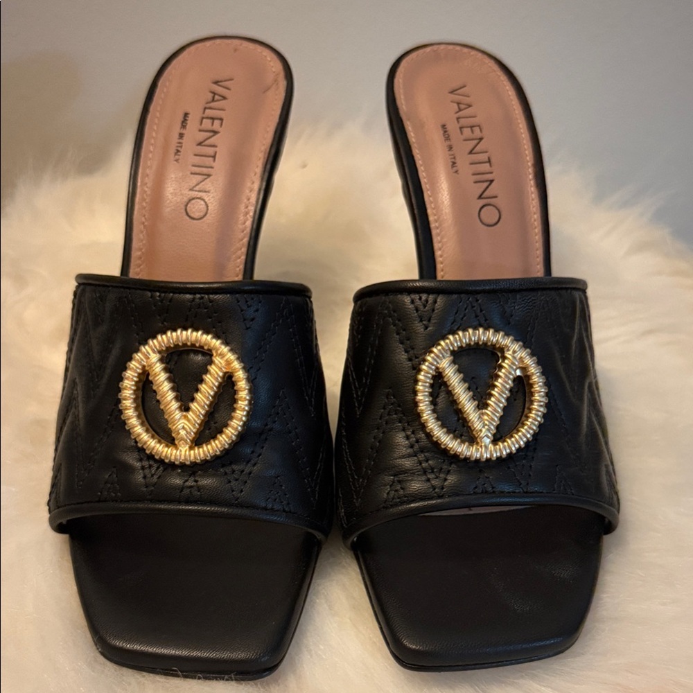 Valentino Black Quilted Leather Slide Mules with Gold V Logo